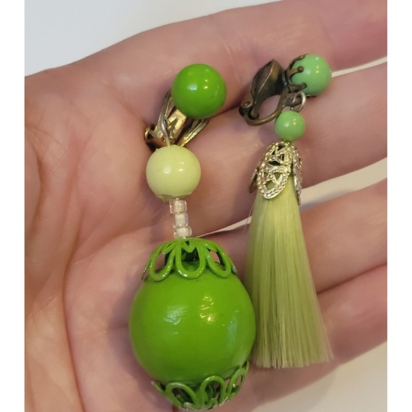 Japan Vintage Green Clip Earrings Married Complementary Mix Match Funky Pair - Picture 1 of 6